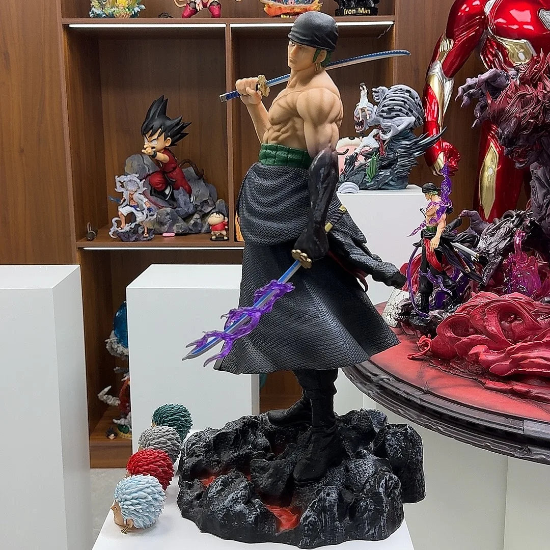 50cm Anime One Piece Carrying Knife Roronoa Zoro 5 Interchangeable Heads Statue Model Figure Collectible Ornament Toys Gift