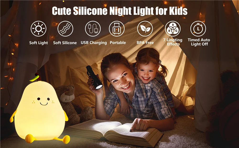 Pear Shaped Cute Silicone Night Light - 7 Colors Dimmable Touch Lamp for Kids 🍐✨
