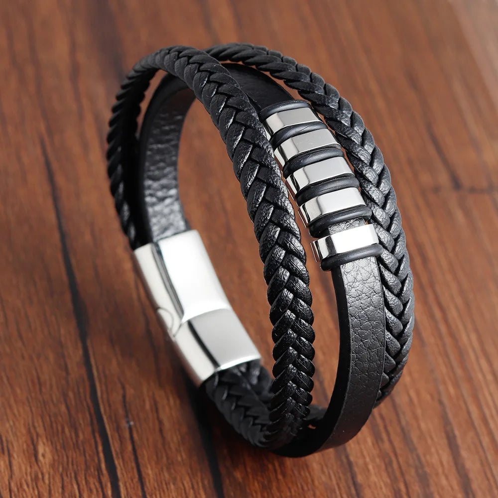 Charm Braid Rope Bracelet - Stainless Steel Magnetic Buckle Leather Bracelet for Men 🧲✨
