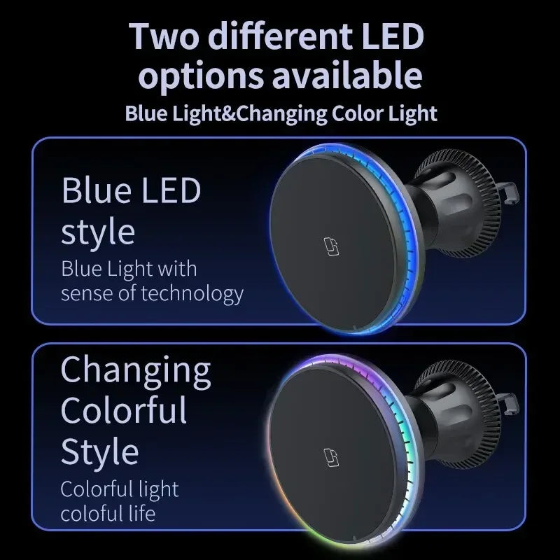 30W Magnetic Car Wireless Charger RGB for iPhone 12-15 Pro Max MagSafe Car Phone Holder