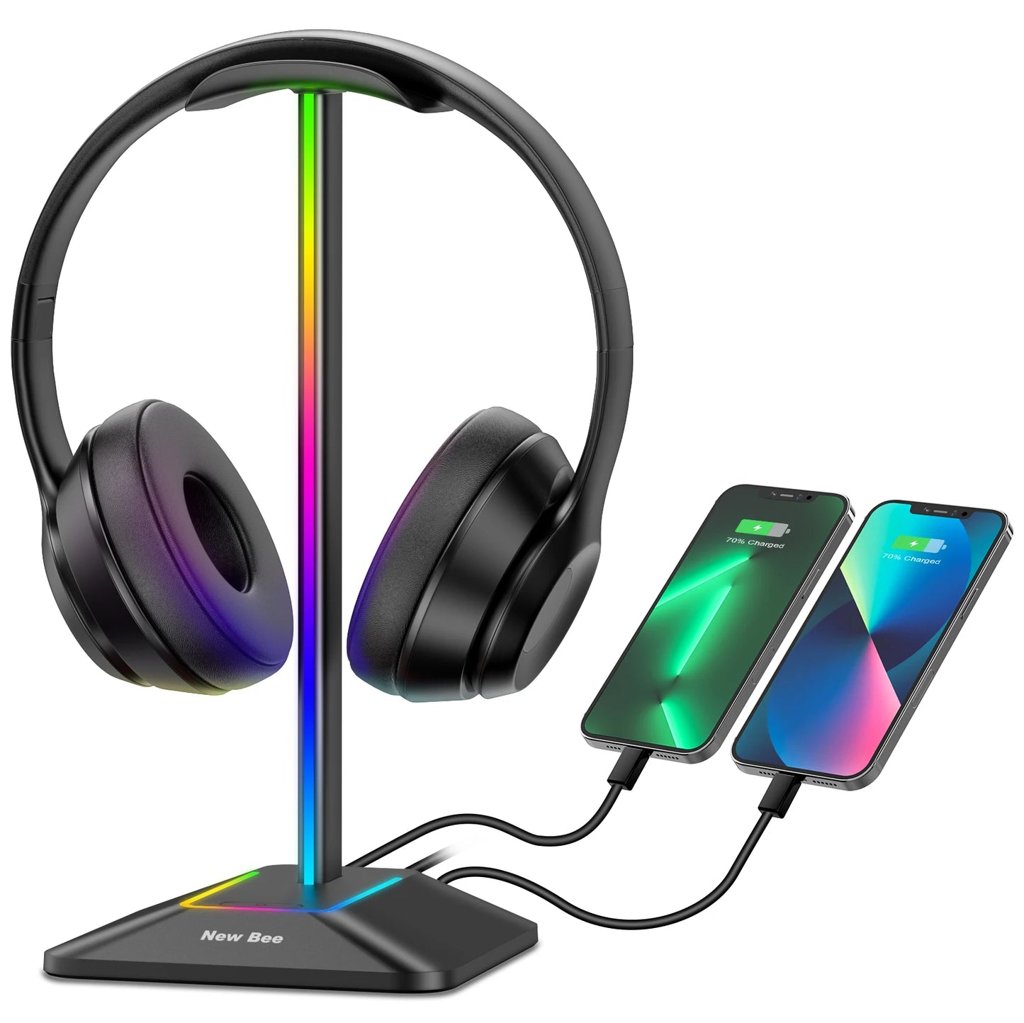 New Bee Z8 RGB Headphone Stand - Gaming Headset Holder with 2 USB Ports & Non-Slip Base