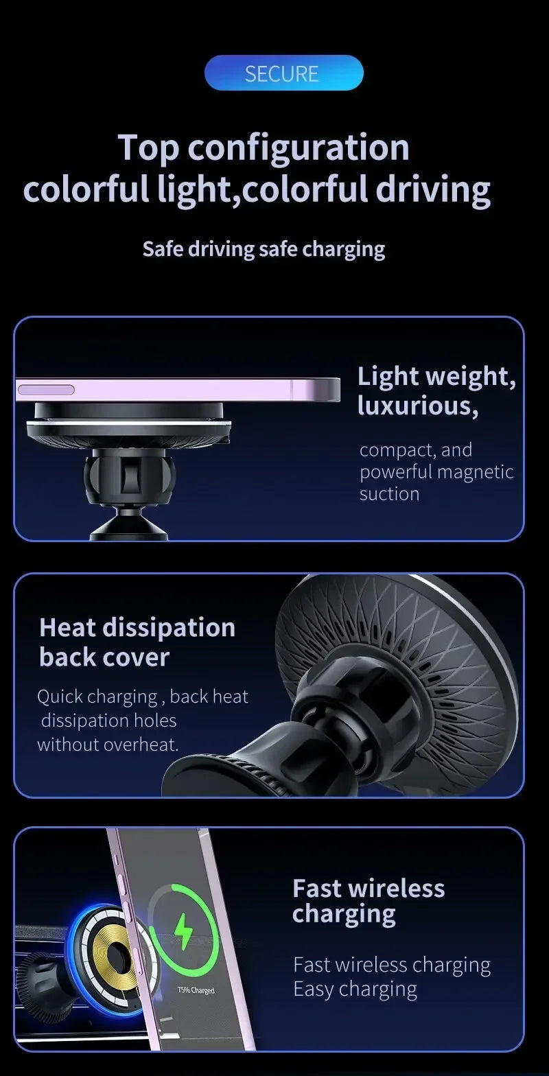 30W Magnetic Car Wireless Charger RGB for iPhone 12-15 Pro Max MagSafe Car Phone Holder