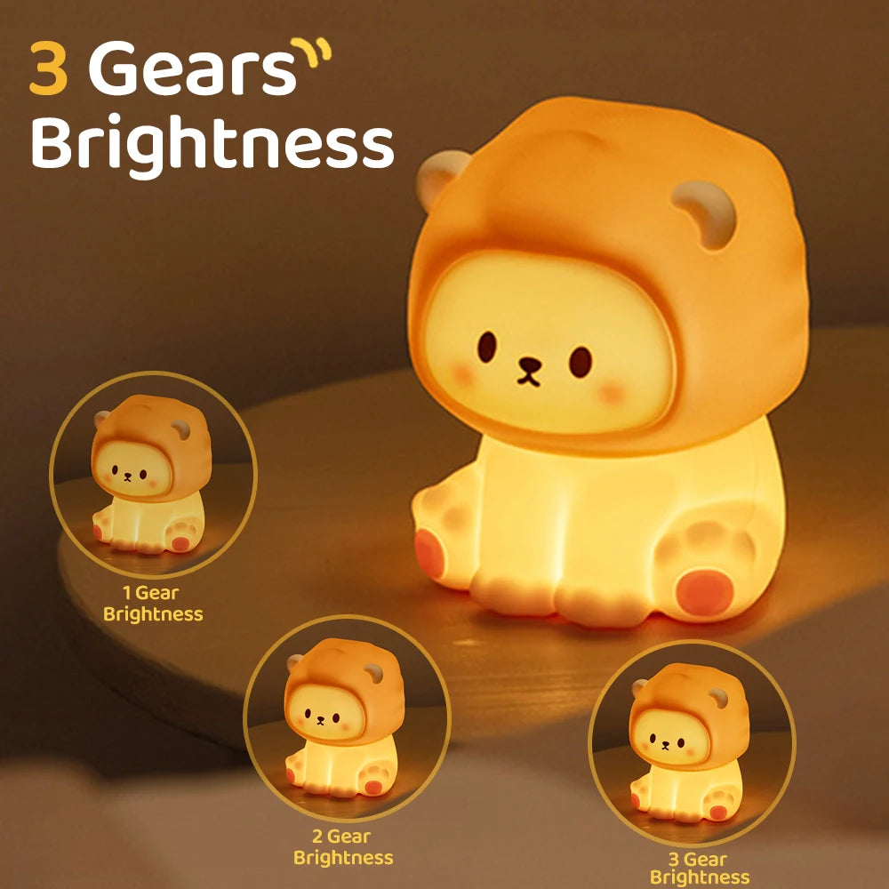 Kawaii Lion Night Light Rechargeable 3 Level Dimmable Silicone Sleeping Light