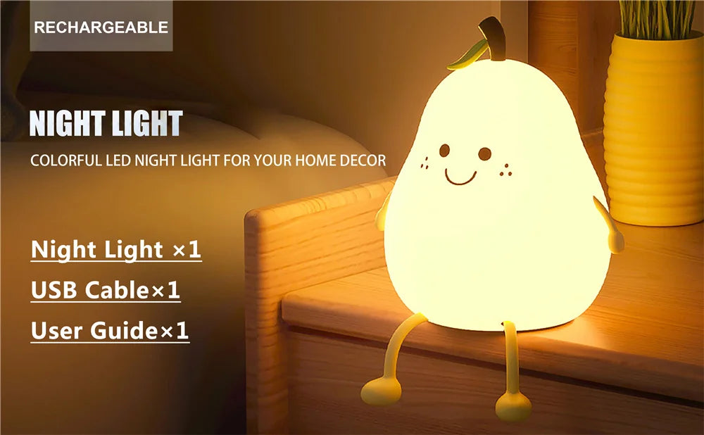 Pear Shaped Cute Silicone Night Light - 7 Colors Dimmable Touch Lamp for Kids 🍐✨