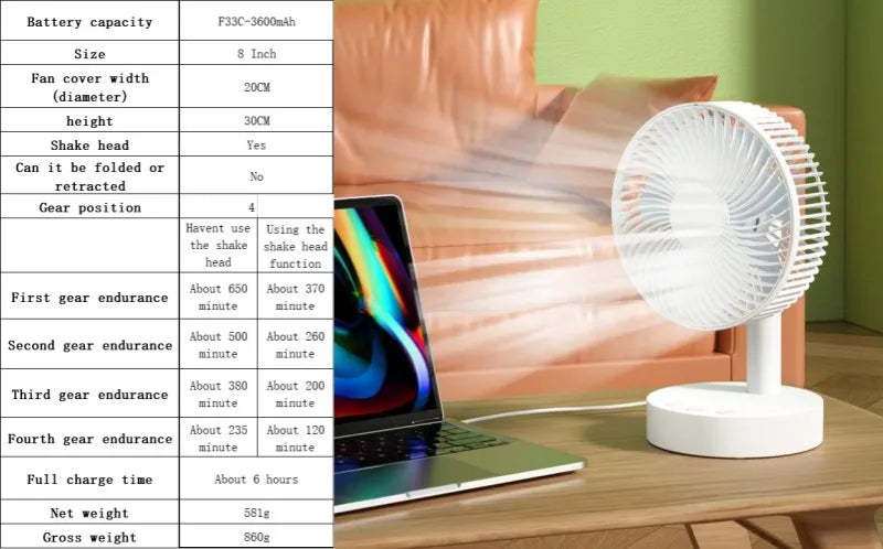 3600mAh USB Desk Fan - 4 Speed Adjustable Cooling for Home & Travel 🌬️✨