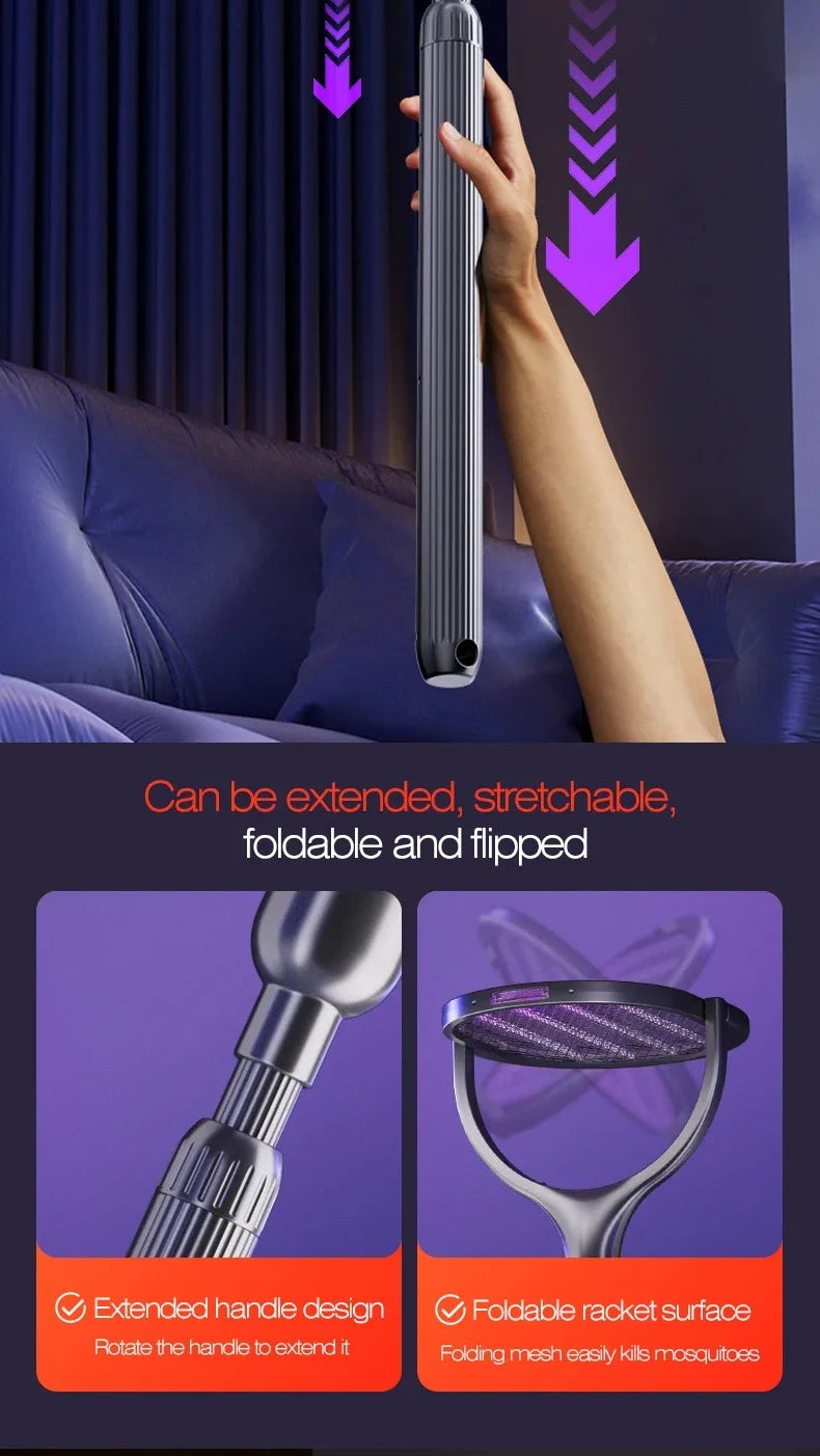 Telescopic Electric Mosquito Swatter & UV Trap Lamp — 109cm Extended Reach, Rechargeable, Wall Mountable