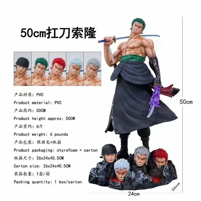 50cm Anime One Piece Carrying Knife Roronoa Zoro 5 Interchangeable Heads Statue Model Figure Collectible Ornament Toys Gift