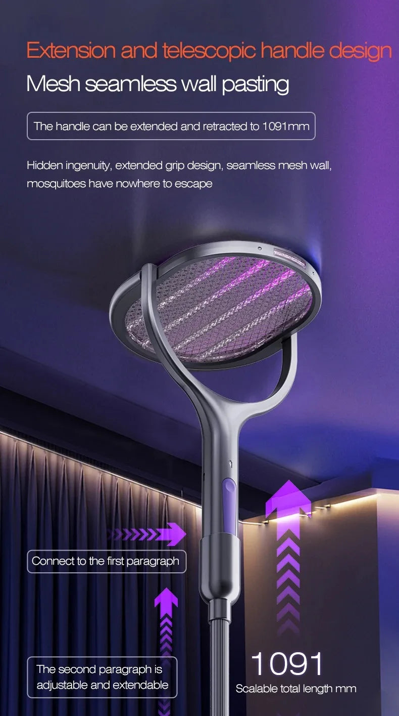 Telescopic Electric Mosquito Swatter & UV Trap Lamp — 109cm Extended Reach, Rechargeable, Wall Mountable