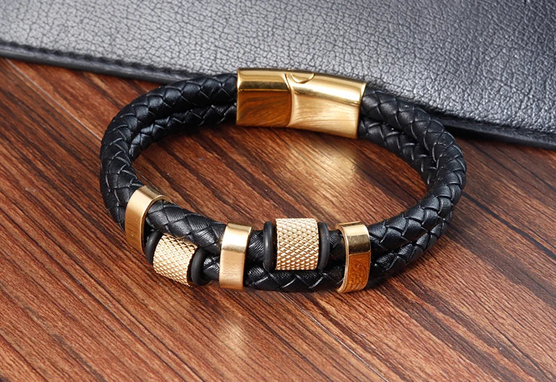 Charm Braid Rope Bracelet - Stainless Steel Magnetic Buckle Leather Bracelet for Men 🧲✨