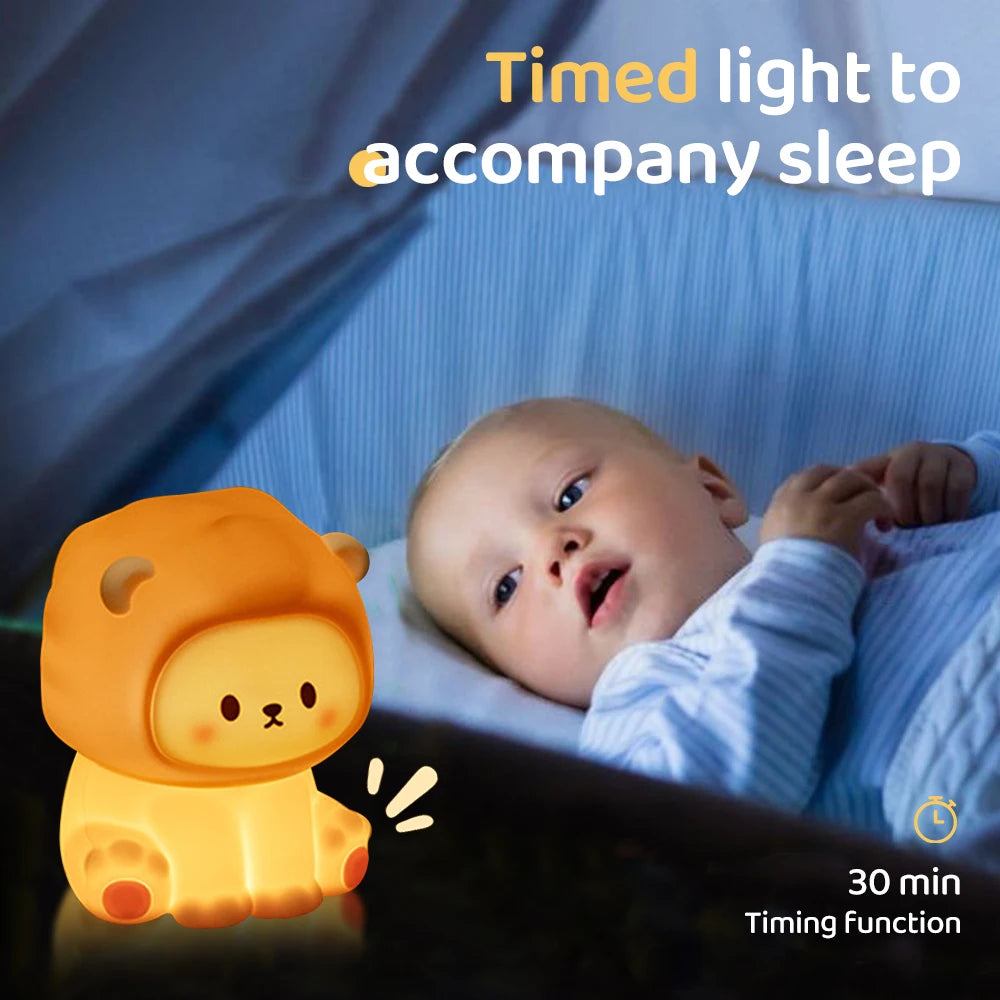 Kawaii Lion Night Light Rechargeable 3 Level Dimmable Silicone Sleeping Light