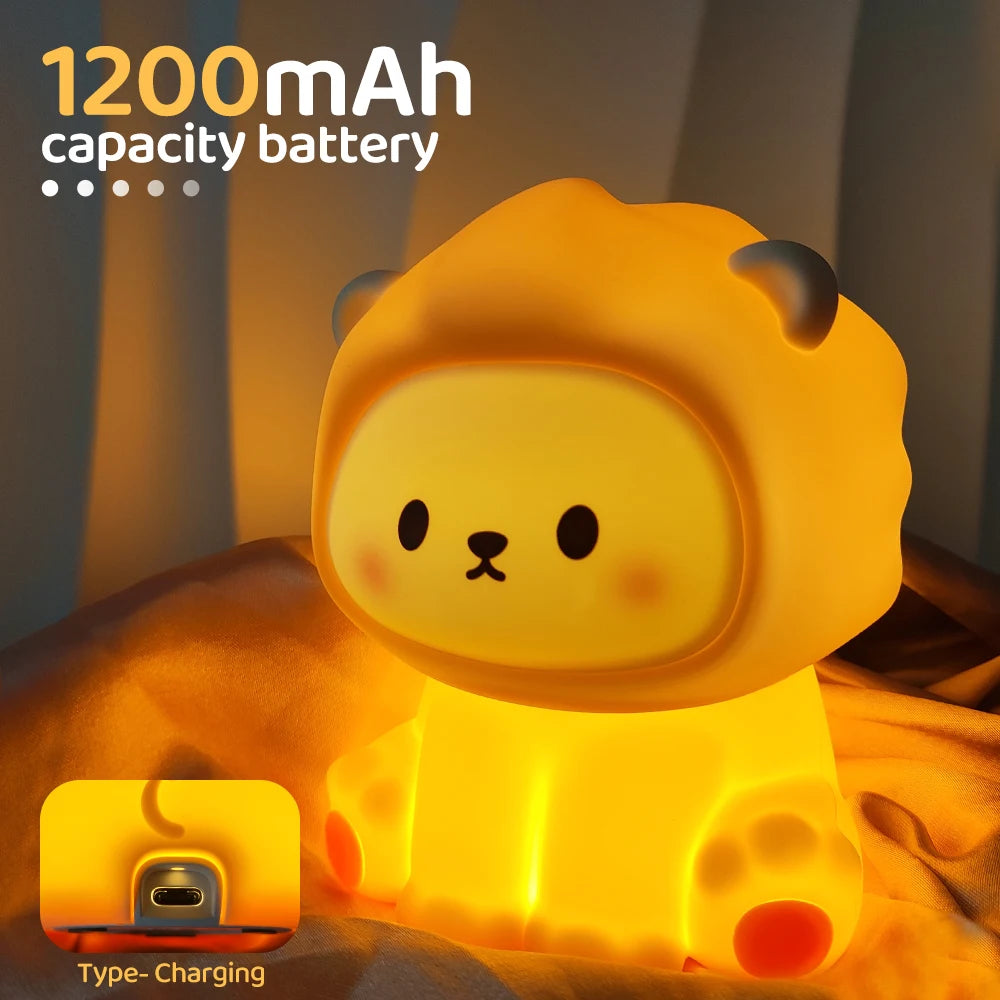 Kawaii Lion Night Light Rechargeable 3 Level Dimmable Silicone Sleeping Light