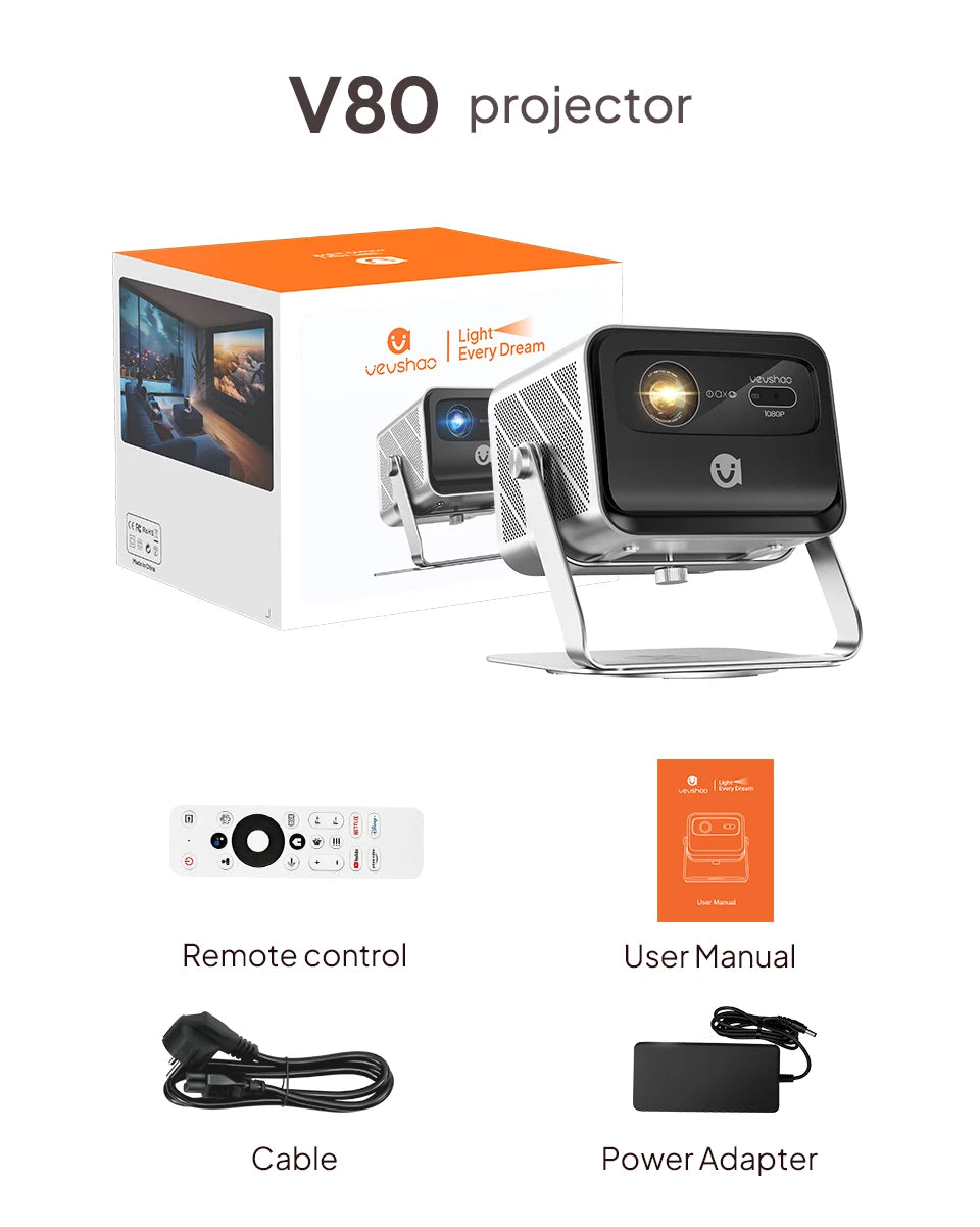 VEVSHAO V80 4K Projector Full HD1080P 2200 Anis Lumens Android 11.0 WiFi 6 Video Home Movie Theater Projectors with Base Stand