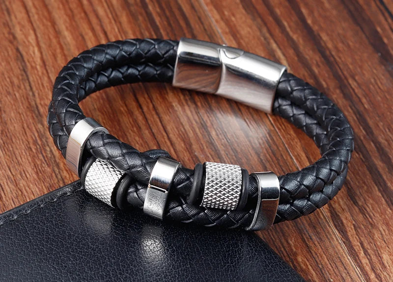 Charm Braid Rope Bracelet - Stainless Steel Magnetic Buckle Leather Bracelet for Men 🧲✨
