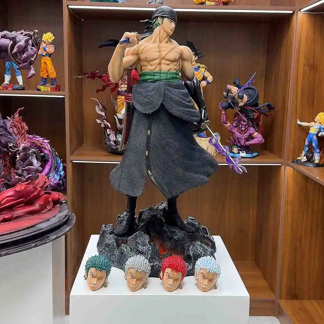 50cm Anime One Piece Carrying Knife Roronoa Zoro 5 Interchangeable Heads Statue Model Figure Collectible Ornament Toys Gift