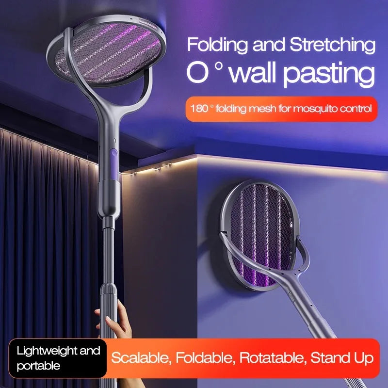 Telescopic Electric Mosquito Swatter & UV Trap Lamp — 109cm Extended Reach, Rechargeable, Wall Mountable
