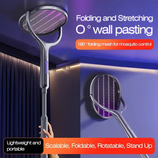 Telescopic Electric Mosquito Swatter & UV Trap Lamp — 109cm Extended Reach, Rechargeable, Wall Mountable