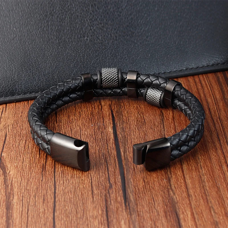 Charm Braid Rope Bracelet - Stainless Steel Magnetic Buckle Leather Bracelet for Men 🧲✨