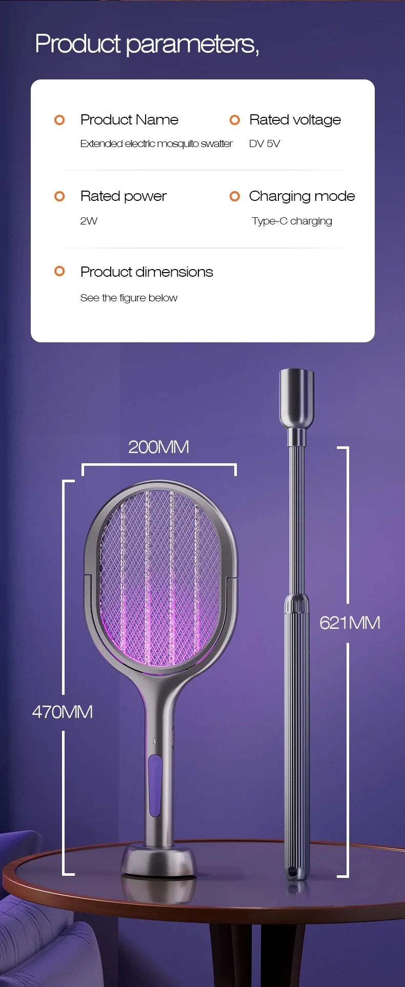 Telescopic Electric Mosquito Swatter & UV Trap Lamp — 109cm Extended Reach, Rechargeable, Wall Mountable