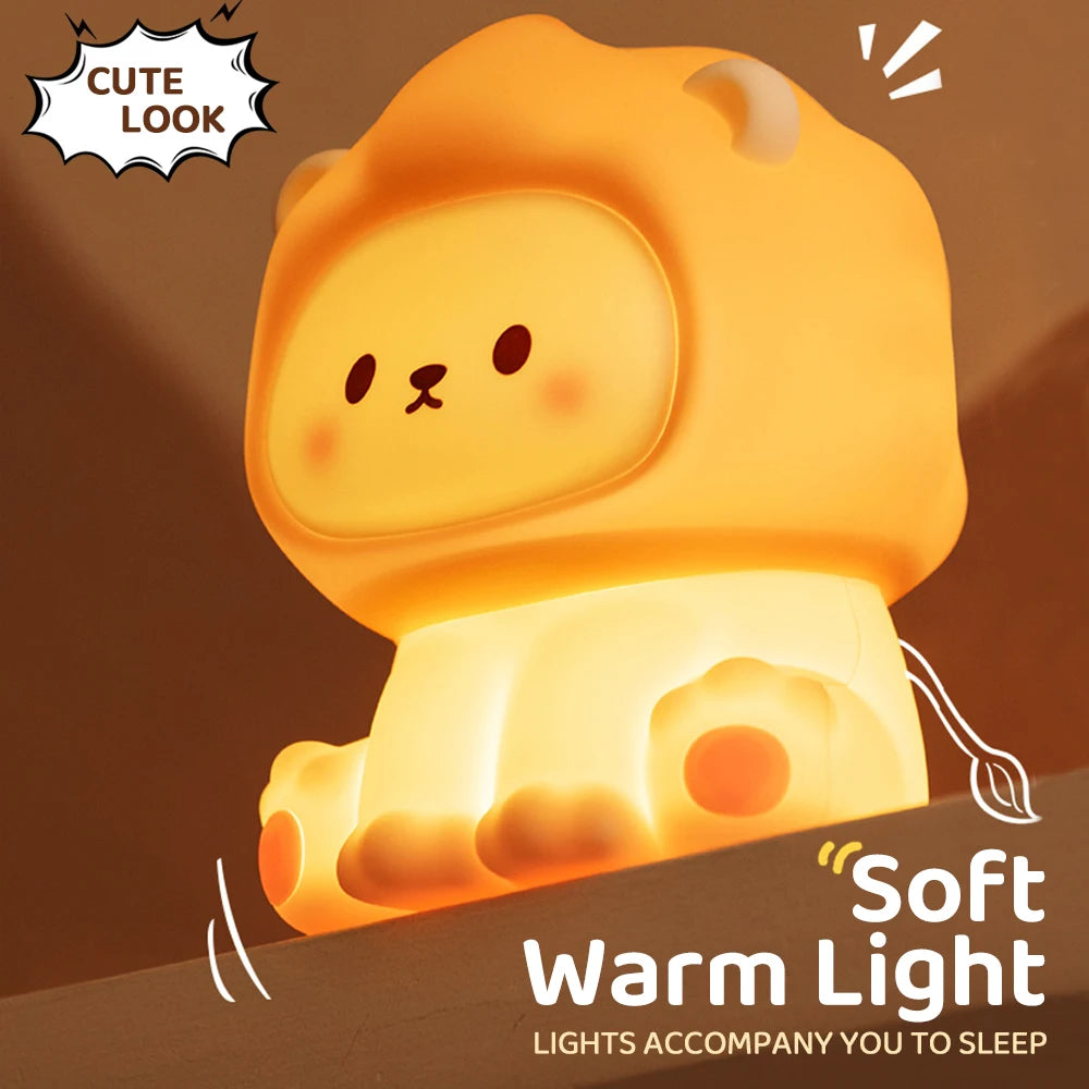 Kawaii Lion Night Light Rechargeable 3 Level Dimmable Silicone Sleeping Light