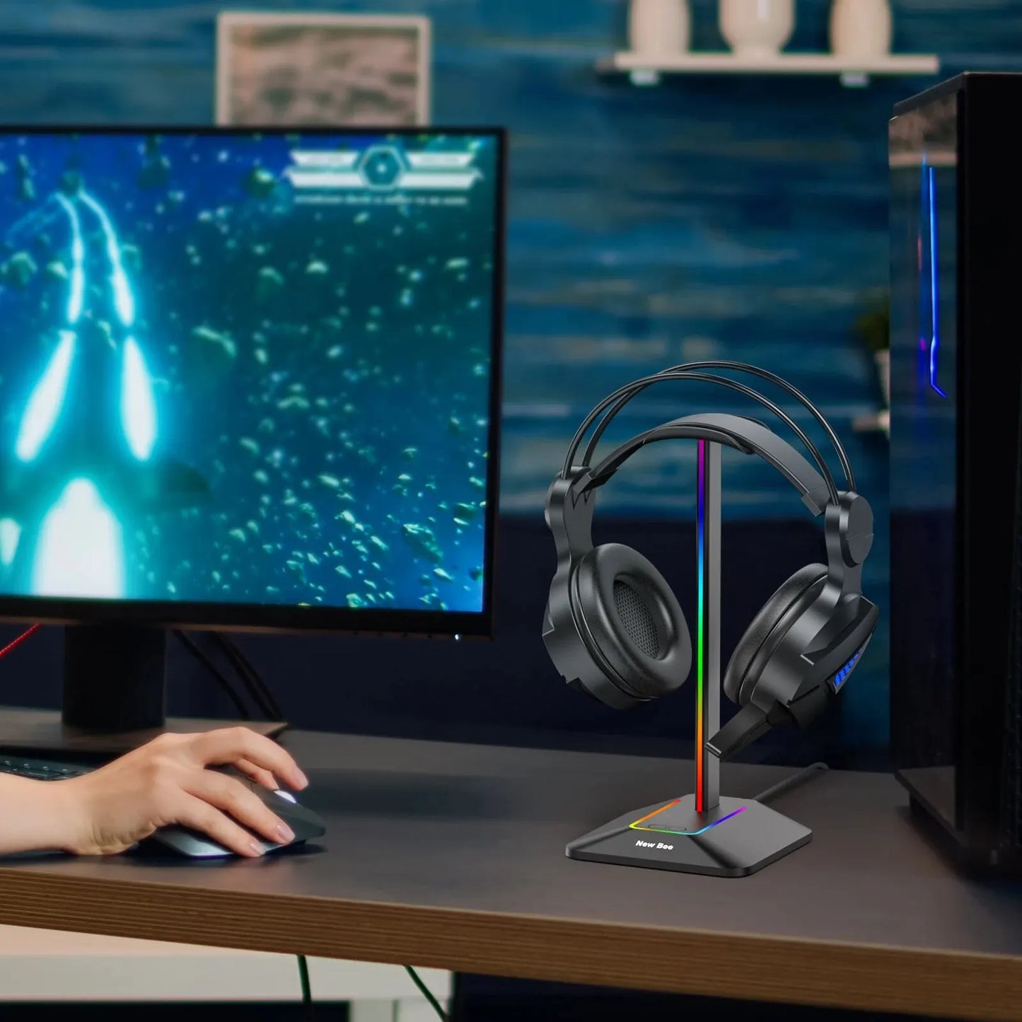 New Bee Z8 RGB Headphone Stand - Gaming Headset Holder with 2 USB Ports & Non-Slip Base