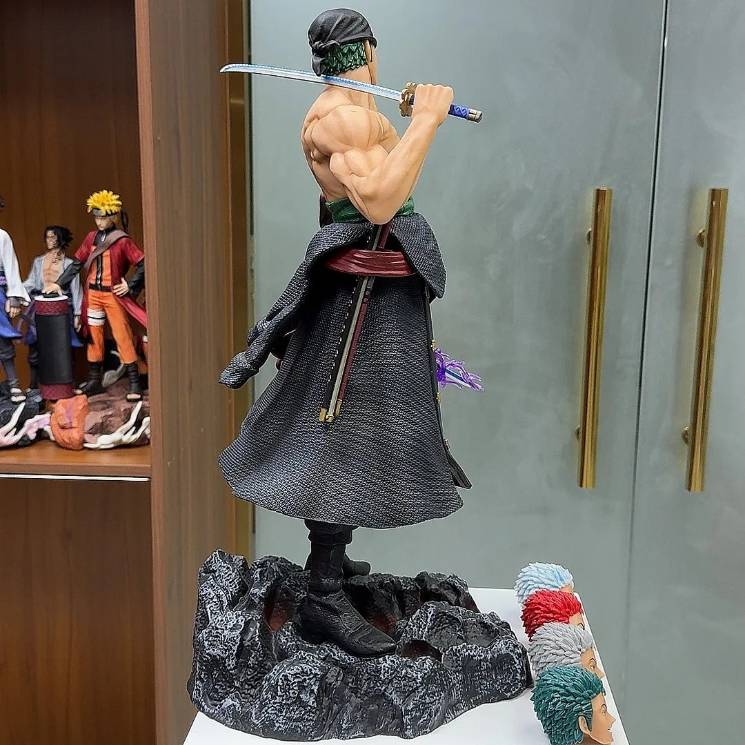 50cm Anime One Piece Carrying Knife Roronoa Zoro 5 Interchangeable Heads Statue Model Figure Collectible Ornament Toys Gift
