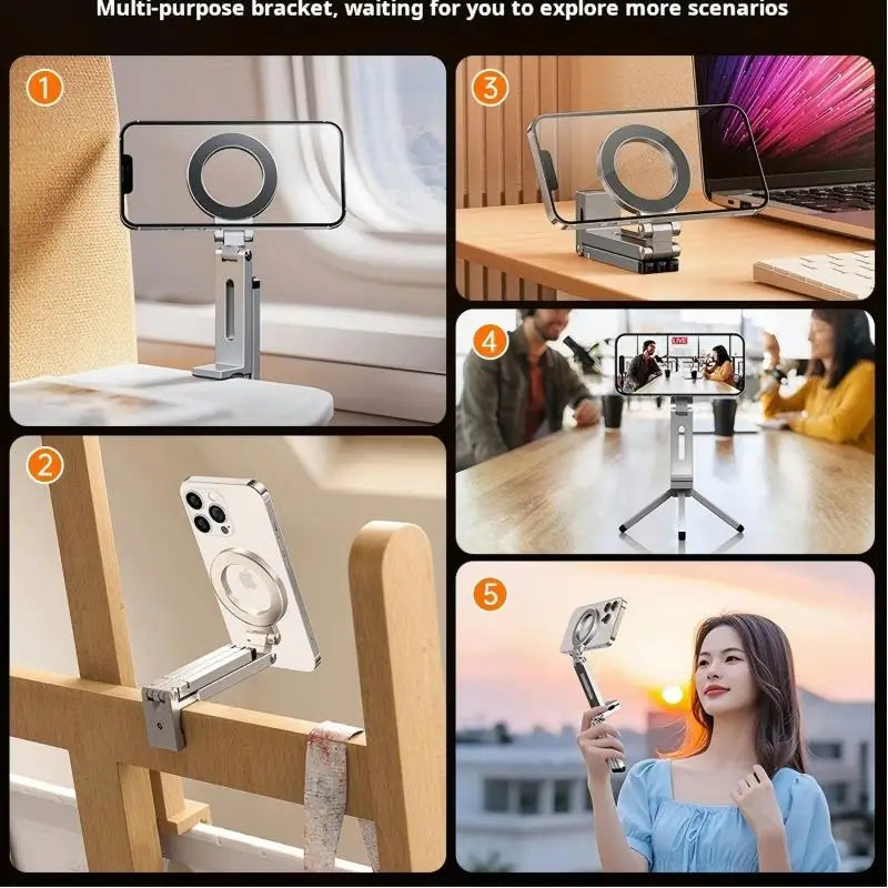 Portable Magnetic Phone Holder Aluminum Alloy 360° Rotating Foldable Tripod