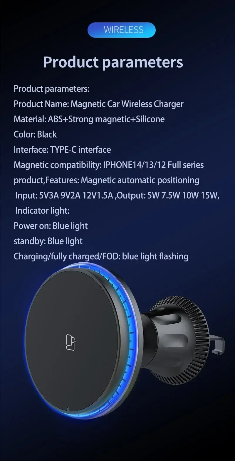 30W Magnetic Car Wireless Charger RGB for iPhone 12-15 Pro Max MagSafe Car Phone Holder
