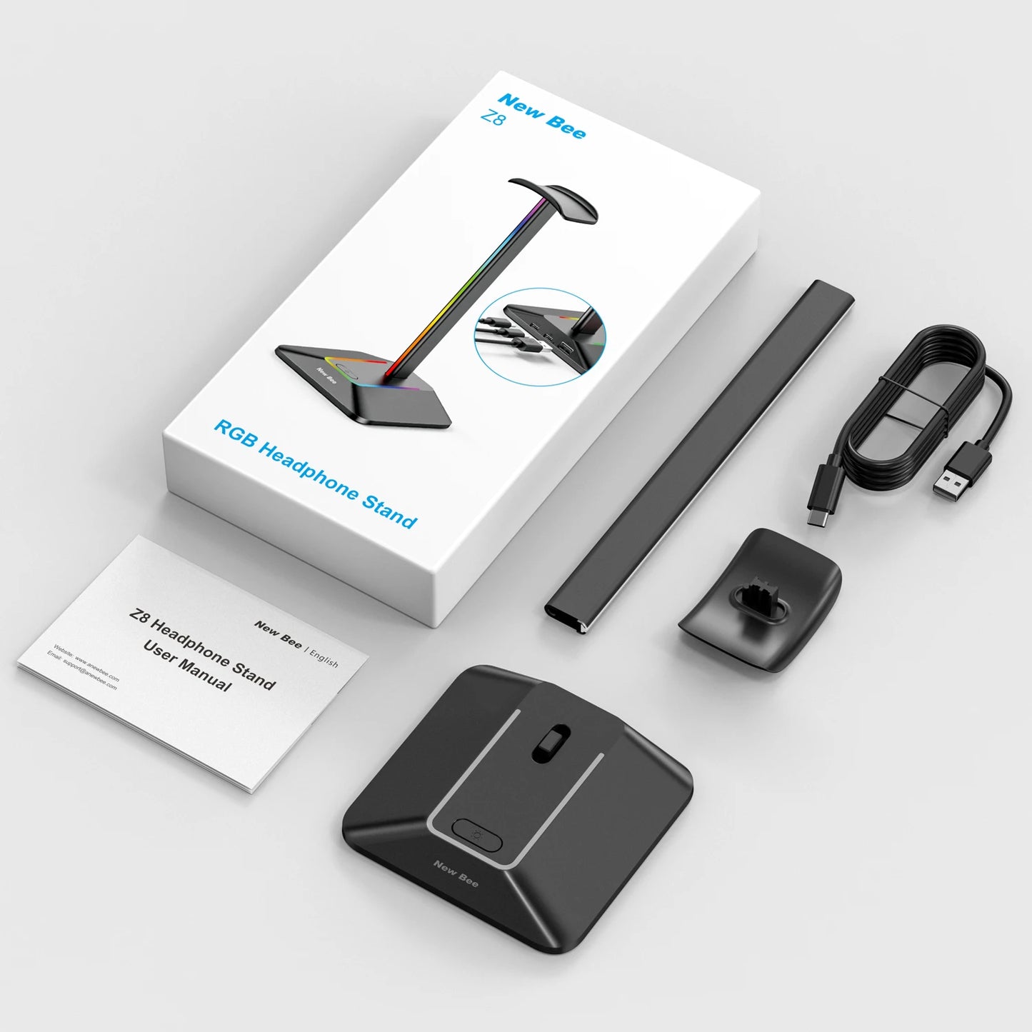 New Bee Z8 RGB Headphone Stand - Gaming Headset Holder with 2 USB Ports & Non-Slip Base