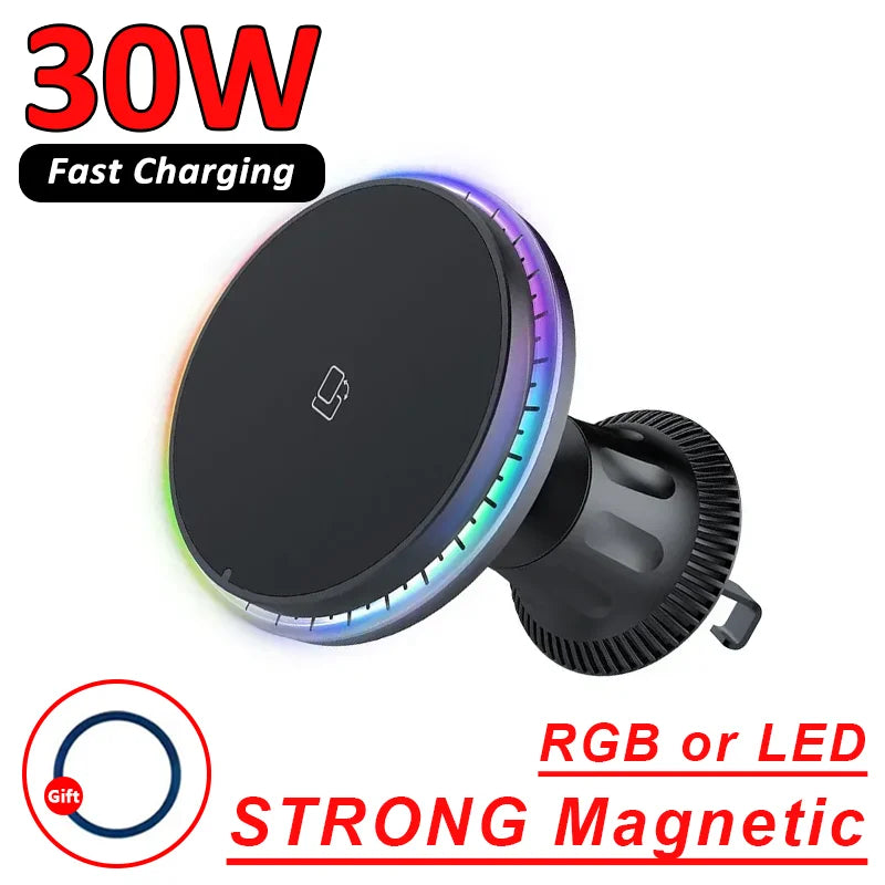 30W Magnetic Car Wireless Charger RGB for iPhone 12-15 Pro Max MagSafe Car Phone Holder